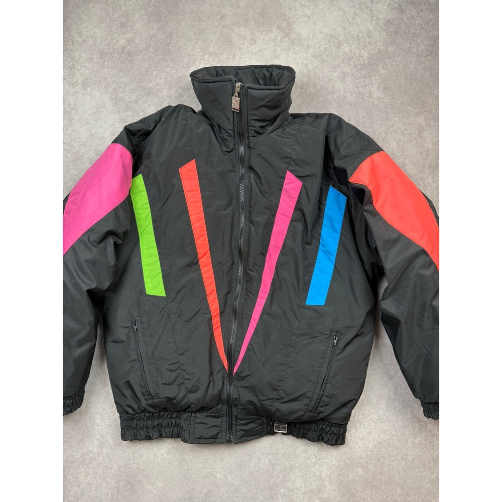 VTG 1985 Downhill Racer Ski Down Fill Jacket Men M Black Neon 80s Retro Taiwan